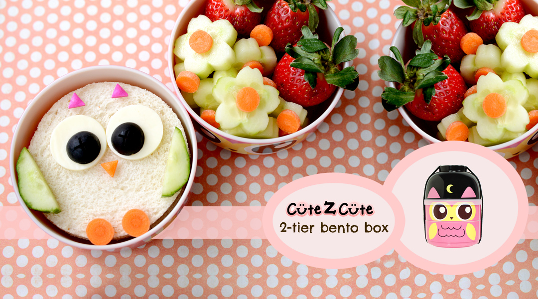 Owl-shaped sandwich in a 2-tier CuteZCute bento box with fruits